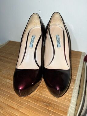 Prada Metallic Burgundy Patent Leather Pointed-Toe Pumps